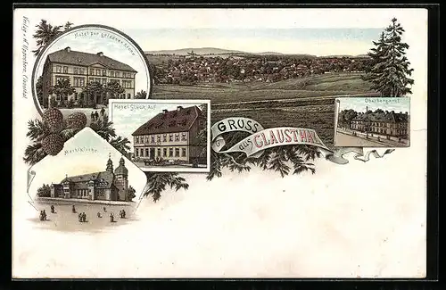 Lithographie Clausthal, Hotel zur goldenen Krone, Marktkirche, Oberbergamt, Totalansicht