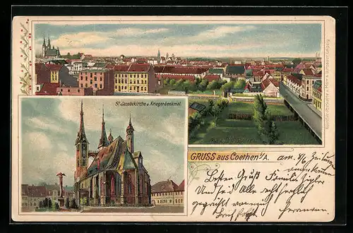 Lithographie Coethen i. A., St. Jacobikirche und Kriegerdenkmal, Teilansicht aus der Vogelschau
