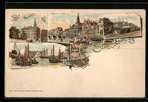 Lithographie Emden, Rathaus vom Delft aus, Post, Bahnhof, Häringsfischerei, Wappen