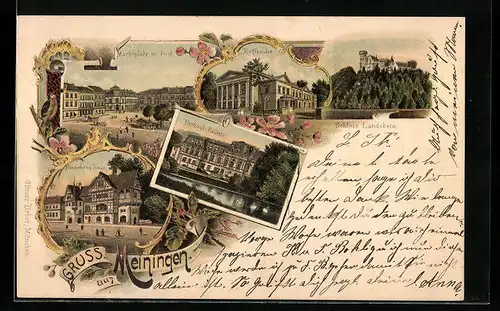 Lithographie Meiningen, Hoftheater, Marktplatz mit Post, Henneberg-Haus