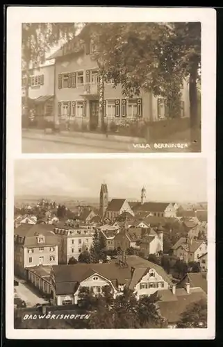 AK Bad Wörishofen, Hotel-Pension Berninger, Teilansicht mit Kirche