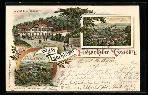 Lithographie Crossen a. E., Gasthof zum Tauchlitzer Felsenkeller