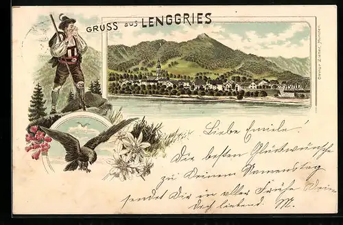 Lithographie Lenggries, Teilansicht, Adler