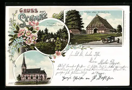 Lithographie Lehmke, Letztes altes Wendenhaus, Kirche, Hünengrab in Rappaul`s Fuhren