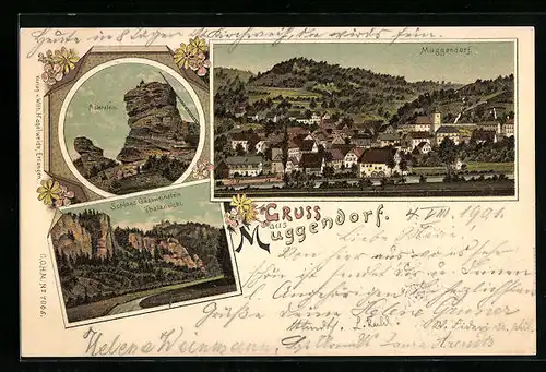 Lithographie Muggendorf, Teilansicht, Schloss Gössweinstein Thalansicht, Adlerstein