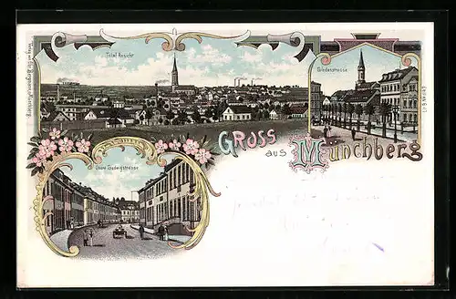 Lithographie Münchberg, Totalansicht, Obere Ludwigstrasse, Lindenstrasse