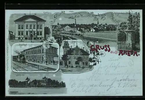 Mondschein-Lithographie Rheda, Schloss, Rathaus, Bahnhof
