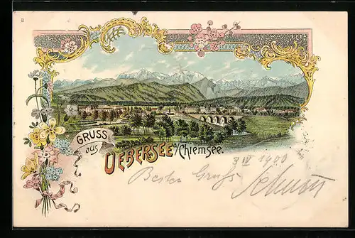Lithographie Übersee a. Chiemsee, Teilansicht