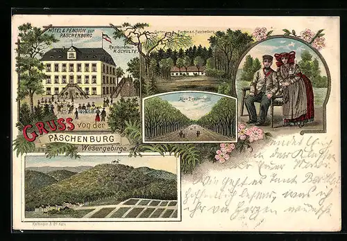 Lithographie Paschenburg /Wesergebirge, Hotel & Pension zur Paschenburg, Garten-Partie a. d. Paschenburg