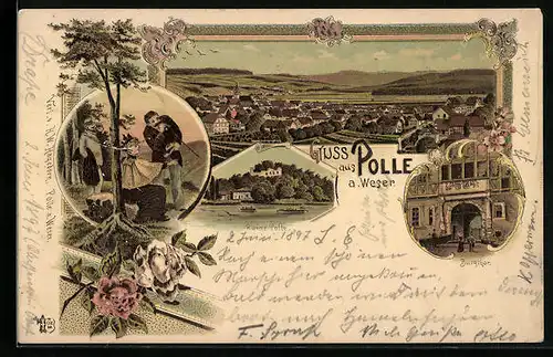 Lithographie Polle a. Weser, Teilansicht, Ruine Polte, Burgtor