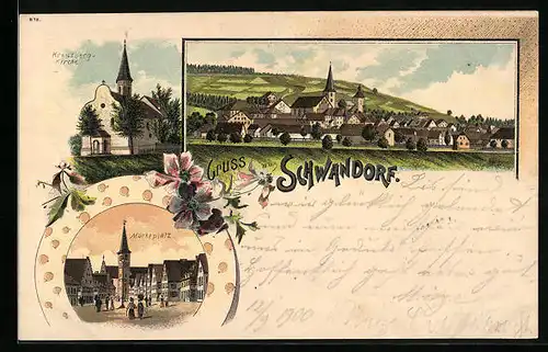 Lithographie Schwandorf, Teilansicht, Kreuzbergkirche, Marktplatz