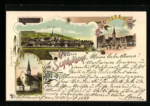 Lithographie Schwandorf, Teilansicht, Kreuzberg-Kirche, Marktplatz