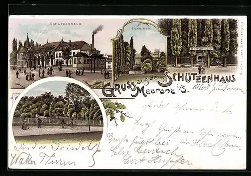 Künstler-AK Meerane i. S., Gasthof Schützenhaus, Gasthaus Bergkeller, Scheiben