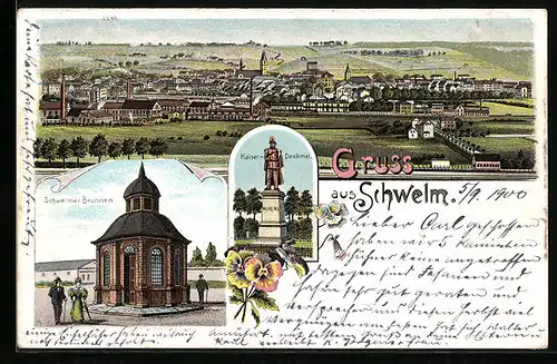 Lithographie Schwelm, Teilansicht, Schwelmer Brunnen, Kaiser-Denkmal