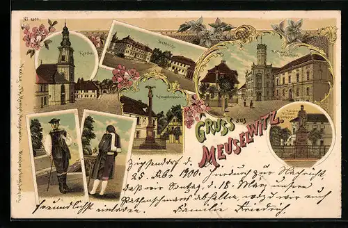 Lithographie Meuselwitz, Rathaus und Stadthaus, Kirche, Kriegerdenkmal