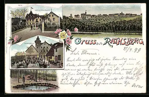 Lithographie Rathsberg, Hotel zur schönen Aussicht, Gartenrestaurant, Wildnis mit Quellengebiet