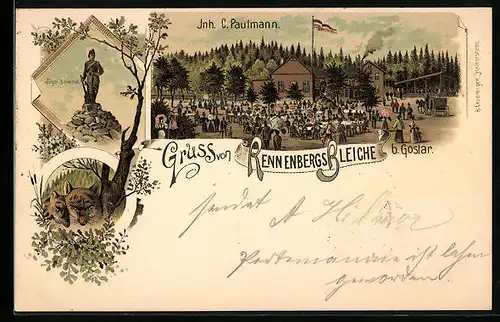 Lithographie Goslar, Gasthof Renneberg Bleiche von C. Paulmann, Jäger-Denkmal, Füchse