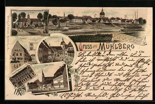 Lithographie Mühlberg a. Elbe, Schloss, Kaiserliches Postamt, Rathaus