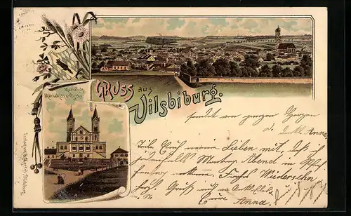 Lithographie Vilsbiburg, Mariahilfs-Kirche, Teilansicht der Stadt