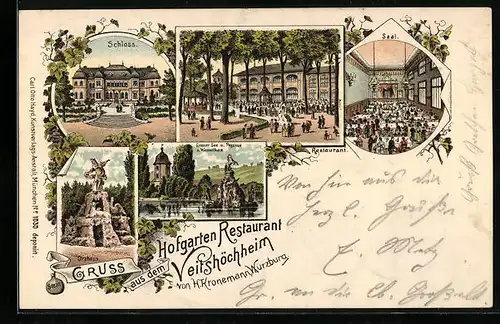 Lithographie Veitshöchheim, Hofgarten-Restaurant, Schloss, Orpheus