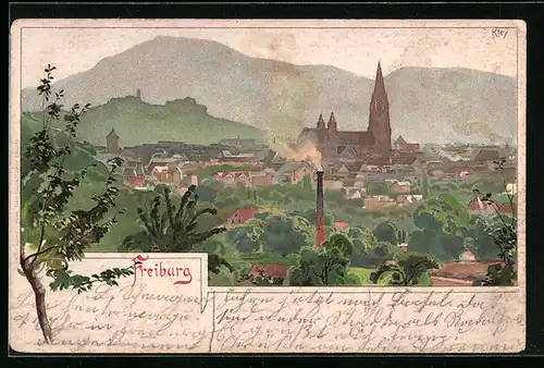 Lithographie Freiburg, Teilansicht mit Kirche