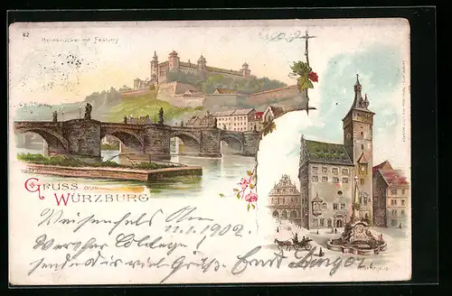 Lithographie Würzburg, Mainbrücke mit Festung, Rathaus