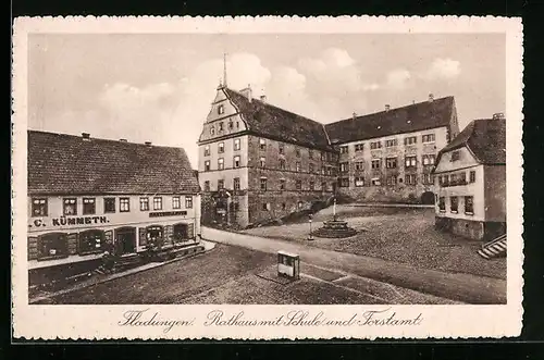 AK Fladungen, Rathaus mit Geschäft, Schule und Forstamt