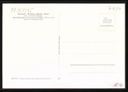 AK Unterkirnach im Schwarzwald, Gasthof-Pension Rössle-Post