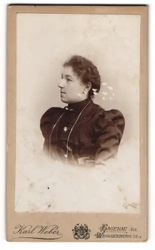 Fotografie Karl Weber, Hagenau /Elsass, Elegante Dame im Seitenprofil mit Puffärmeln