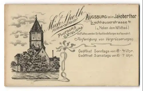 Fotografie Mich. Speth, Augsburg, Lechhauserstr. 4, Blick auf das Jakobertor nebst Anschrift des Ateliers