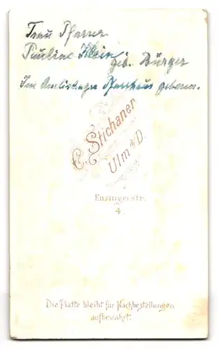 Fotografie C. Stichaner, Ulm a. D., Frau Pfarrer Pauline Klein geb. Bürger