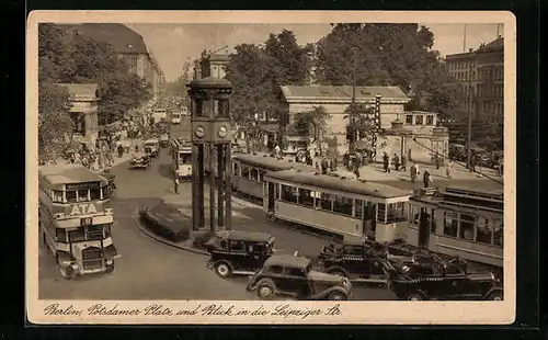 AK Berlin, Potsdamer Platz und Blick in die Leipziger Strasse, Strassenbahnen