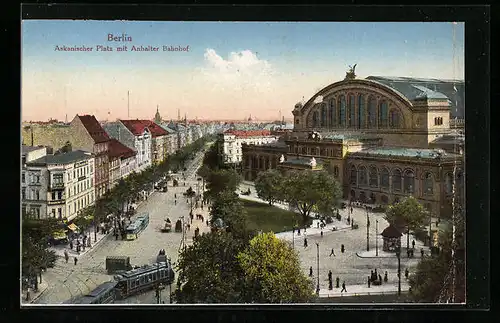 AK Berlin, Hotel Preussischer Hof am Askanischen Platz mit Anhalter Bahnhof und Strassenbahn