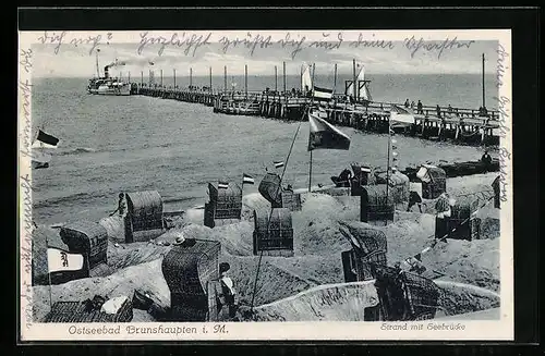 AK Brunshaupten i. M., Strand mit Seebrücke