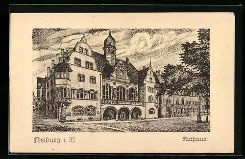 Künstler-AK Freiburg i. Br., Darstellung des Rathauses