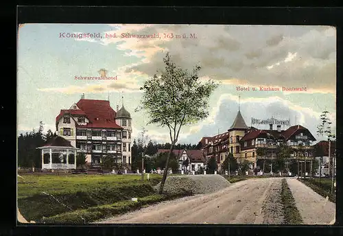 AK Königsfeld /Schwarzw., Strassenpartie mit Schwarzwaldhotel und Hotel Doniswald