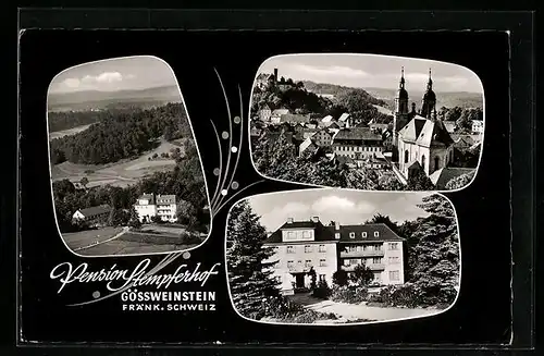 AK Gössweinstein /Fränk. Schweiz, Pension Stempferhof, Ortspartie, Teilansicht mit Kirche