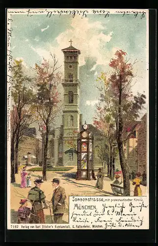 Lithographie München, Sonnenstrasse mit protestantischer Kirche, Wettersäule