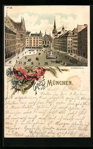 Lithographie München, Marienplatz mit Passanten