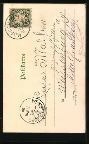 Lithographie München, Marienplatz mit Passanten