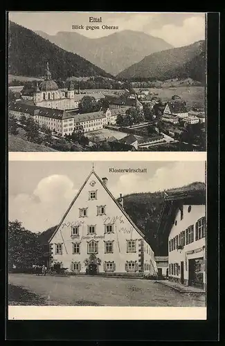 AK Ettal, Blick gegen Obergau, Klosterwirtschaft