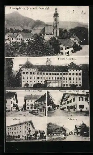AK Lenggries a. Isar, Ortsansicht mit Geierstein, Schloss Hohenburg, Rathaus