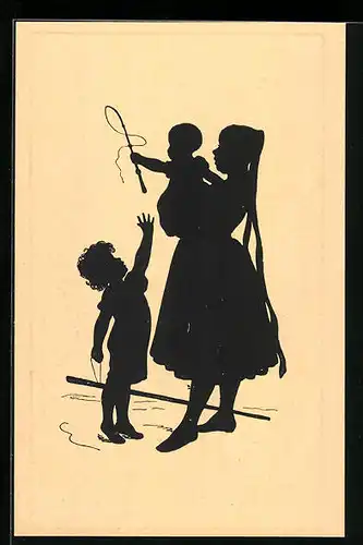 Künstler-AK Paul Konewka: Schattenbild, Junge Frau mit zwei Kindern, Die Altenburger Amme