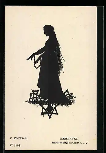 Künstler-AK Paul Konewka: Schattenschnitt, Faust, Margarete, Zerrissen liegt der Kranz