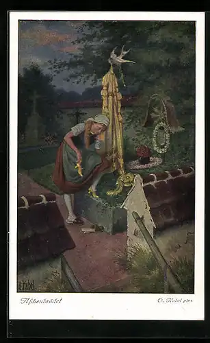 Künstler-AK Otto Kubel: Aschenputtel am Grab ihrer Mutter, Gebrüder Grimm Märchen