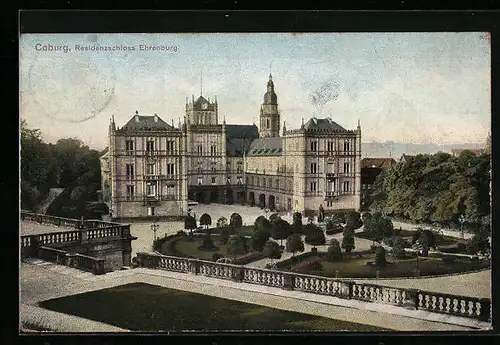 AK Coburg, Schloss Ehrenburg mit Anlagen aus der Vogelschau