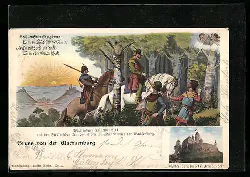 AK Burg Wachsenburg, Ansicht im XIV. Jahrhundert, Ritter im Wald