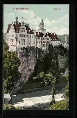 AK Sigmaringen, Schloss und Wehr aus der Vogelschau