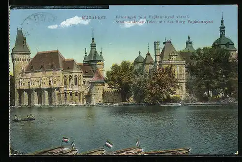 AK Budapest, Stadtwäldchen-Teich mit der Burg Vajdahunyad