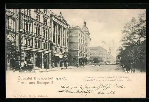AK Budapest, National-Theater und Kossuth Lajos-Gasse